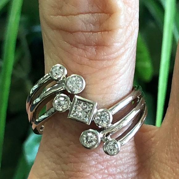 14k White Gold Genuine Diamond Knuckle Ring ~ Art Deco / Retro Cocktail Ring - Picture 7 of 11